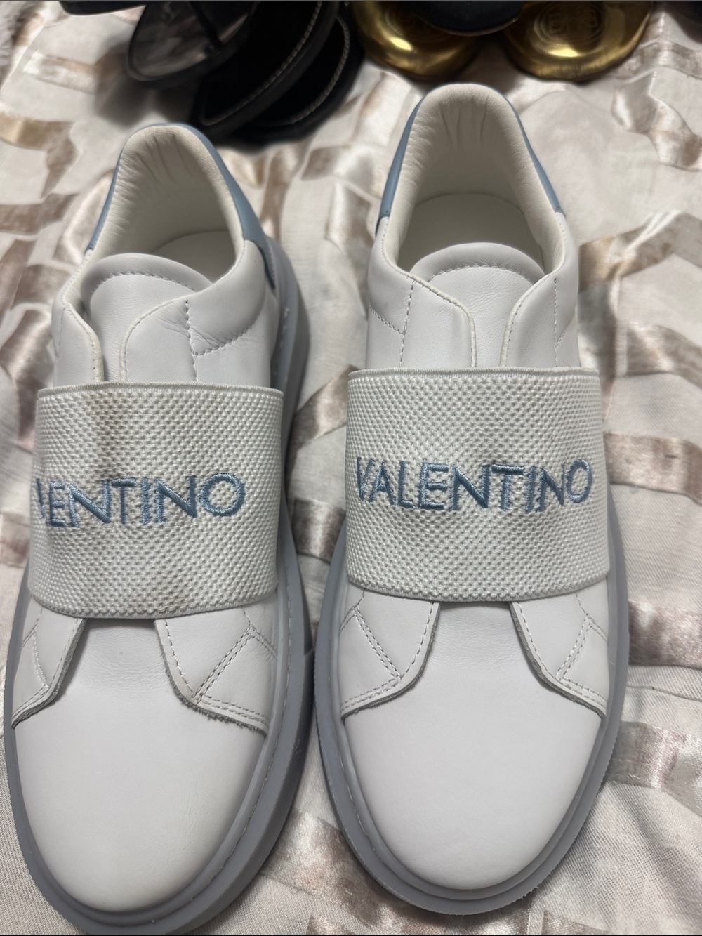 Valentino White Leather Slip-Ons with Light Blue Logo Strap